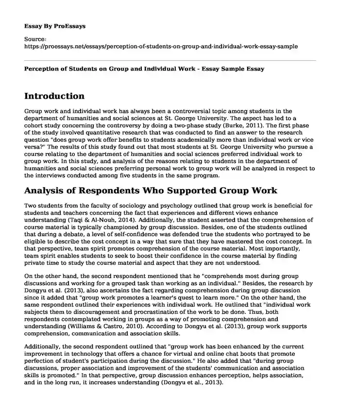 Perception of Students on Group and Individual Work - Essay Sample