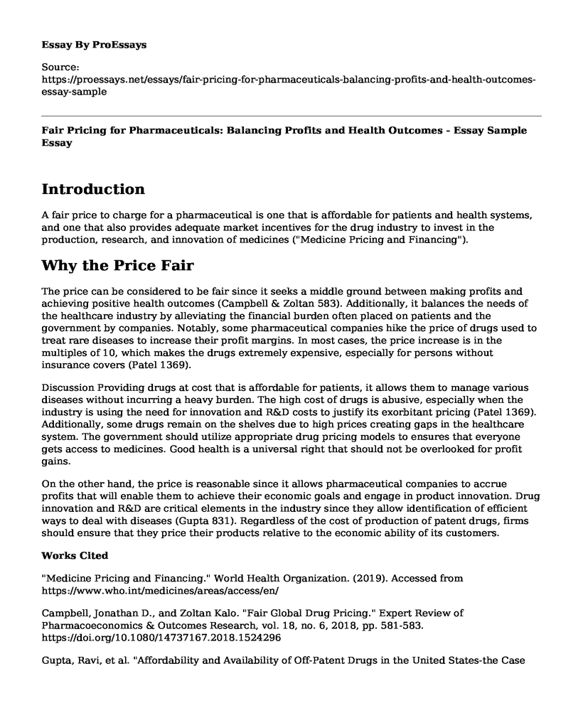 Fair Pricing for Pharmaceuticals: Balancing Profits and Health Outcomes - Essay Sample