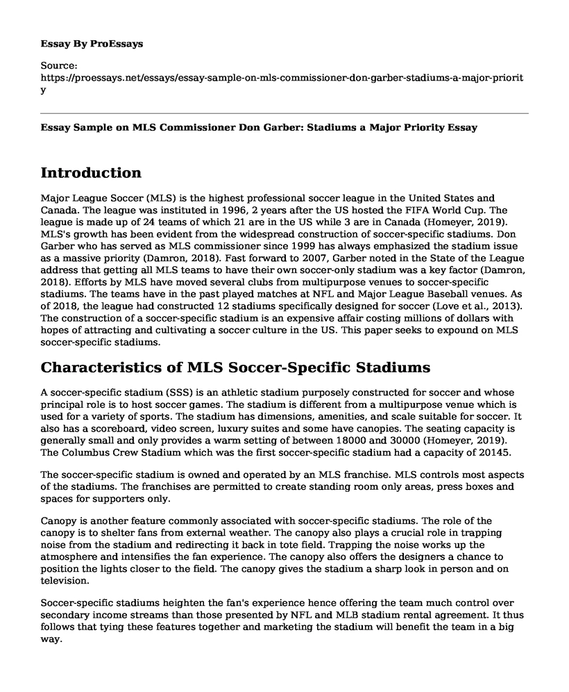 Essay Sample on MLS Commissioner Don Garber: Stadiums a Major Priority