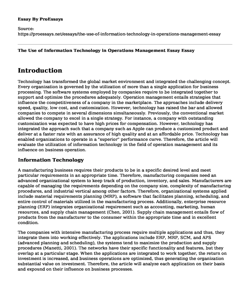 The Use of Information Technology in Operations Management Essay
