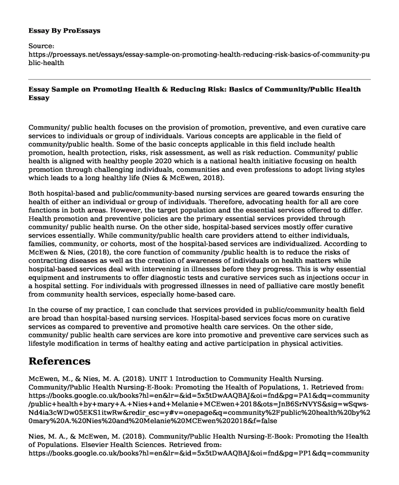 Essay Sample on Promoting Health & Reducing Risk: Basics of Community/Public Health