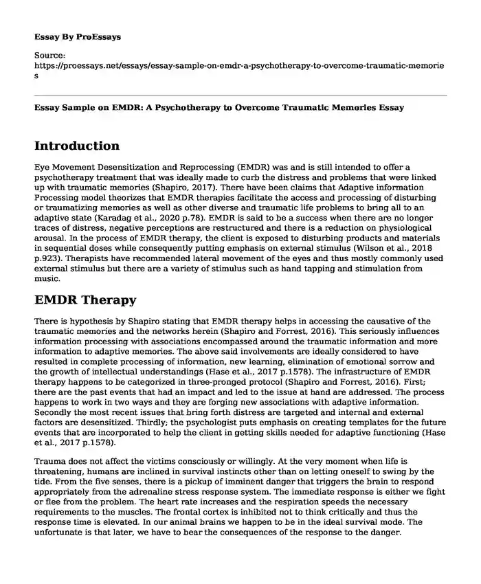 Essay Sample on EMDR: A Psychotherapy to Overcome Traumatic Memories