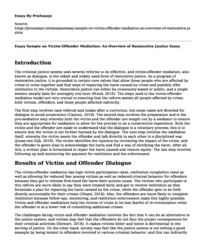 Essay Sample on Victim-Offender Mediation: An Overview of Restorative Justice