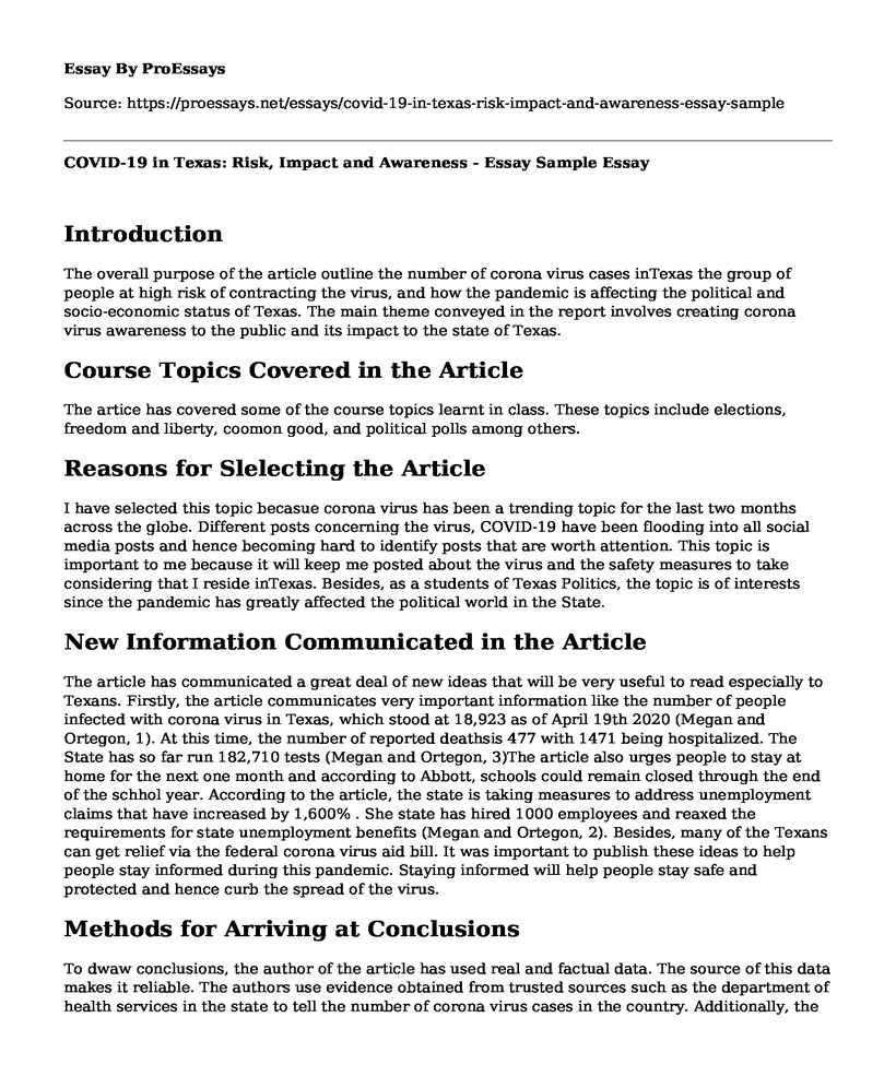 COVID-19 in Texas: Risk, Impact and Awareness - Essay Sample