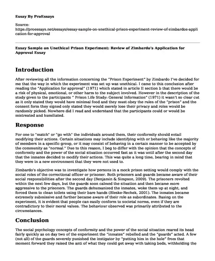 Essay Sample on Unethical Prison Experiment: Review of Zimbardo's Application for Approval