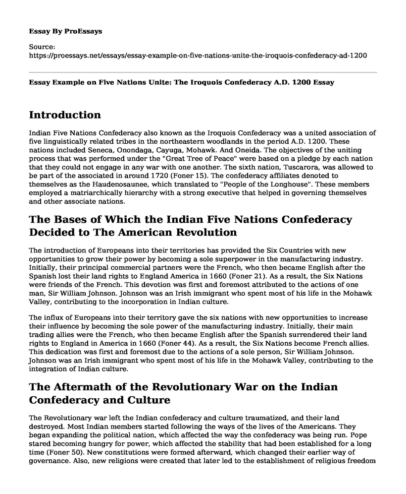 Essay Example on Five Nations Unite: The Iroquois Confederacy A.D. 1200