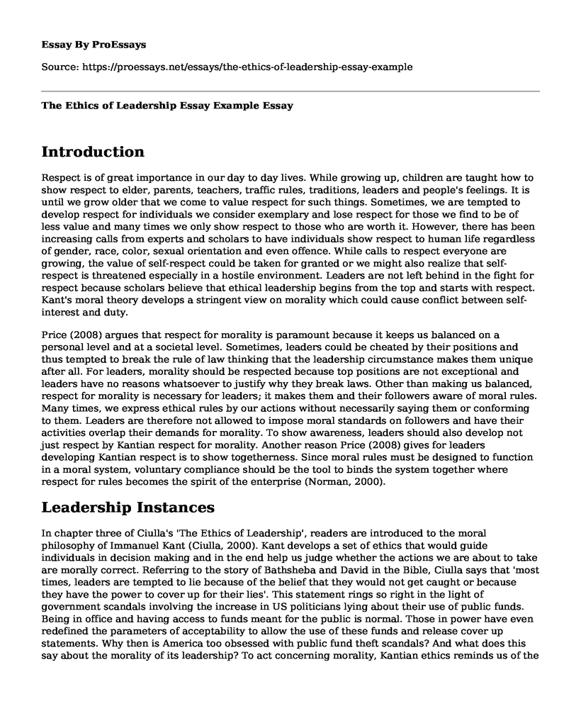 The Ethics of Leadership Essay Example