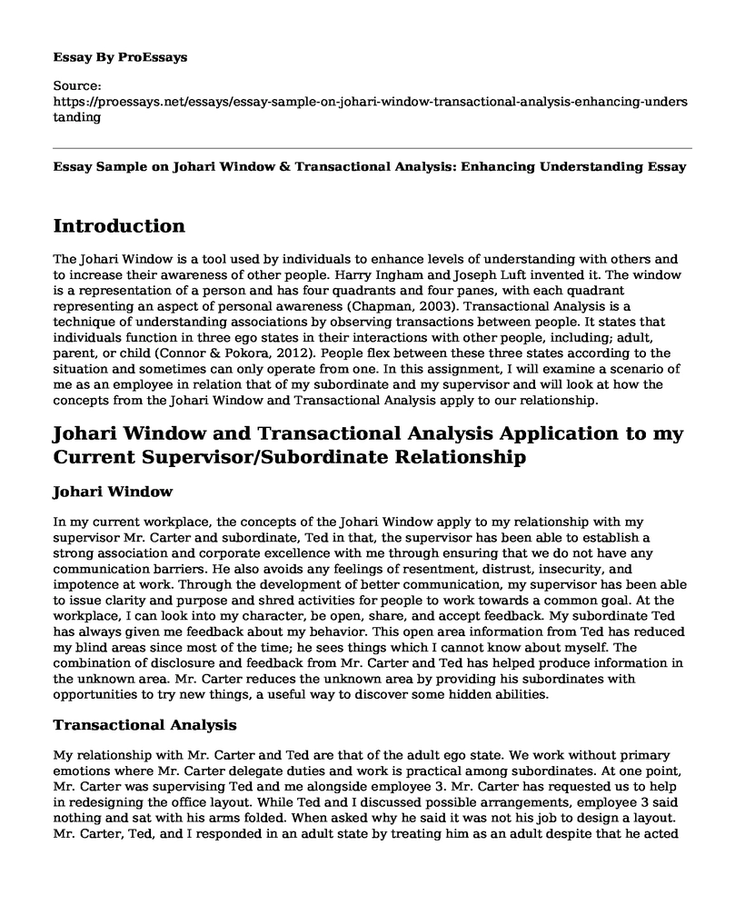 Essay Sample on Johari Window & Transactional Analysis: Enhancing Understanding