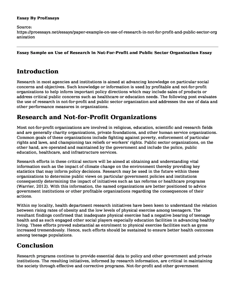 Essay Sample on Use of Research in Not-For-Profit and Public Sector Organization