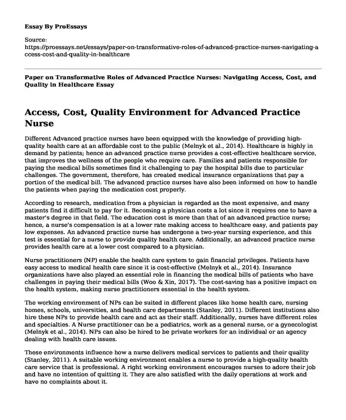Paper on Transformative Roles of Advanced Practice Nurses: Navigating Access, Cost, and Quality in Healthcare