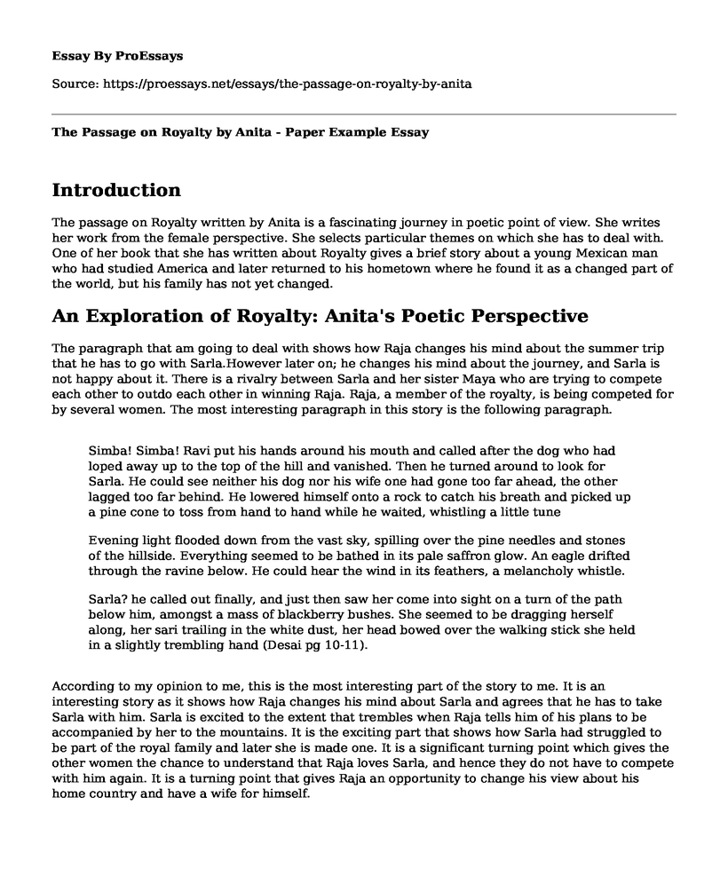 The Passage on Royalty by Anita - Paper Example