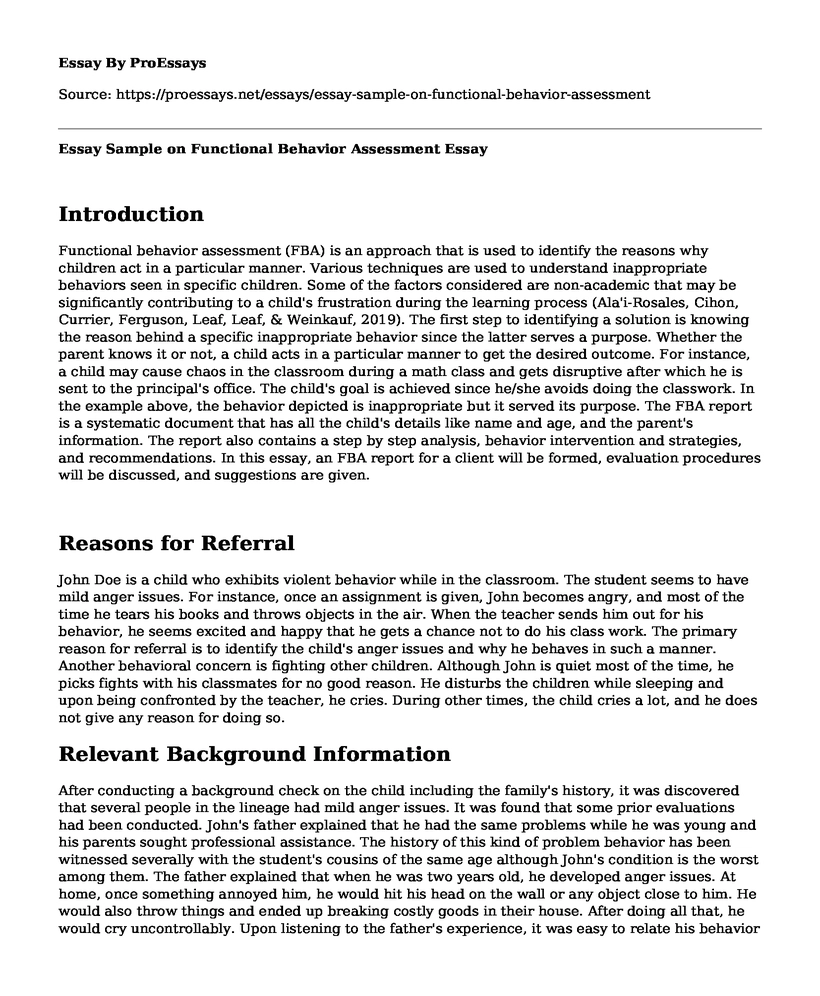Essay Sample on Functional Behavior Assessment