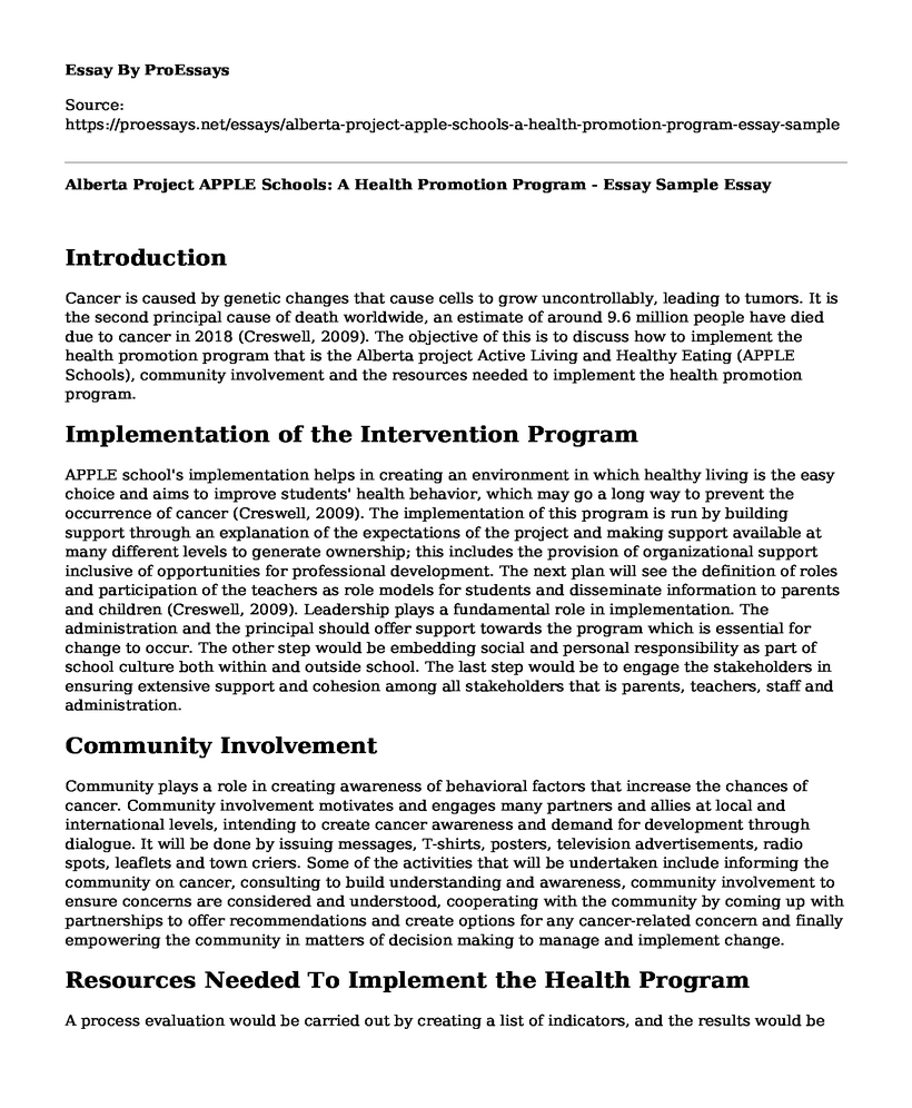 Alberta Project APPLE Schools: A Health Promotion Program - Essay Sample