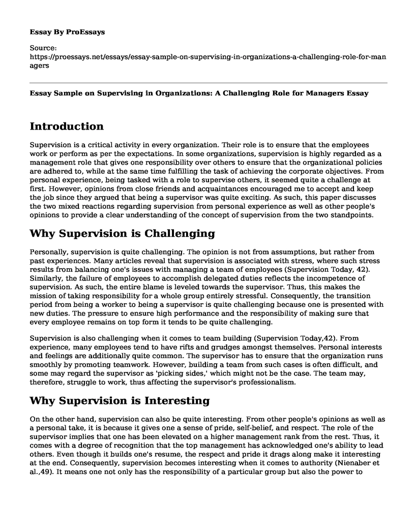 Essay Sample on Supervising in Organizations: A Challenging Role for Managers