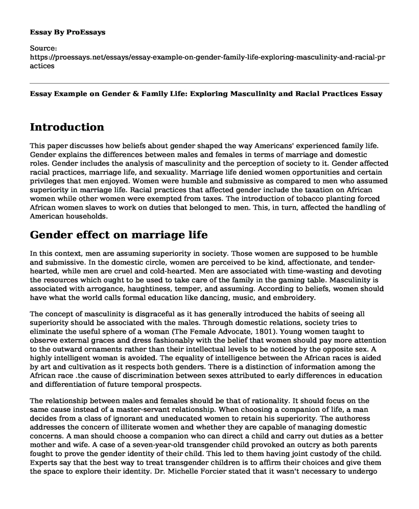 Essay Example on Gender & Family Life: Exploring Masculinity and Racial Practices