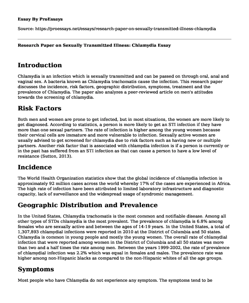 Research Paper on Sexually Transmitted Illness: Chlamydia