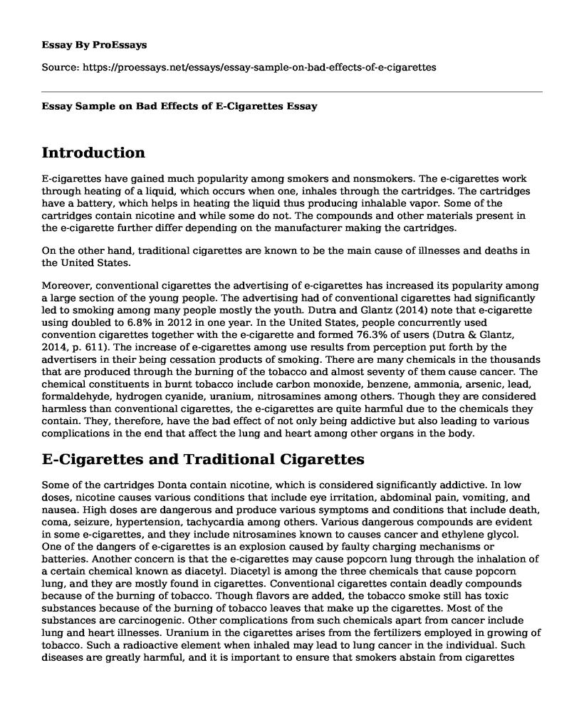 Essay Sample on Bad Effects of E-Cigarettes