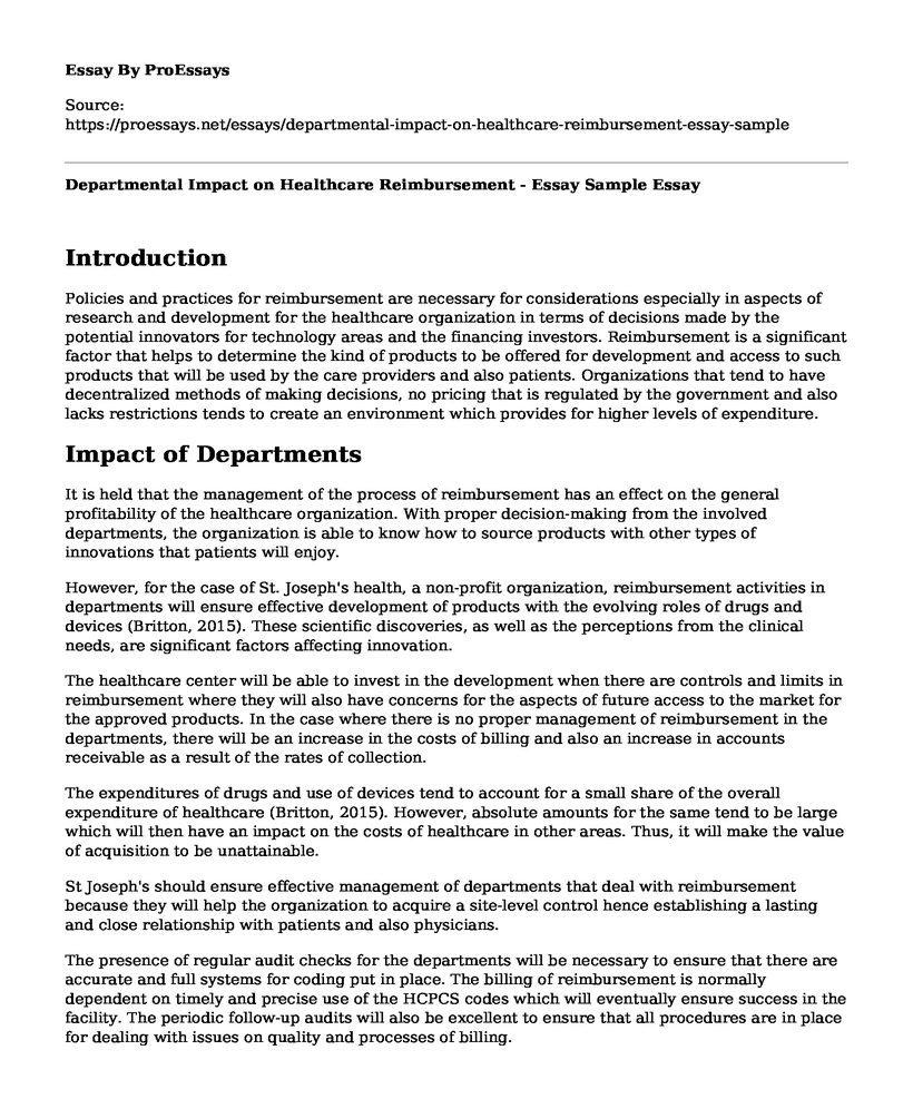 Departmental Impact on Healthcare Reimbursement - Essay Sample