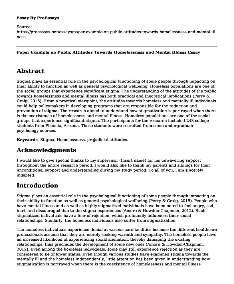 Paper Example on Public Attitudes Towards Homelessness and Mental Illness