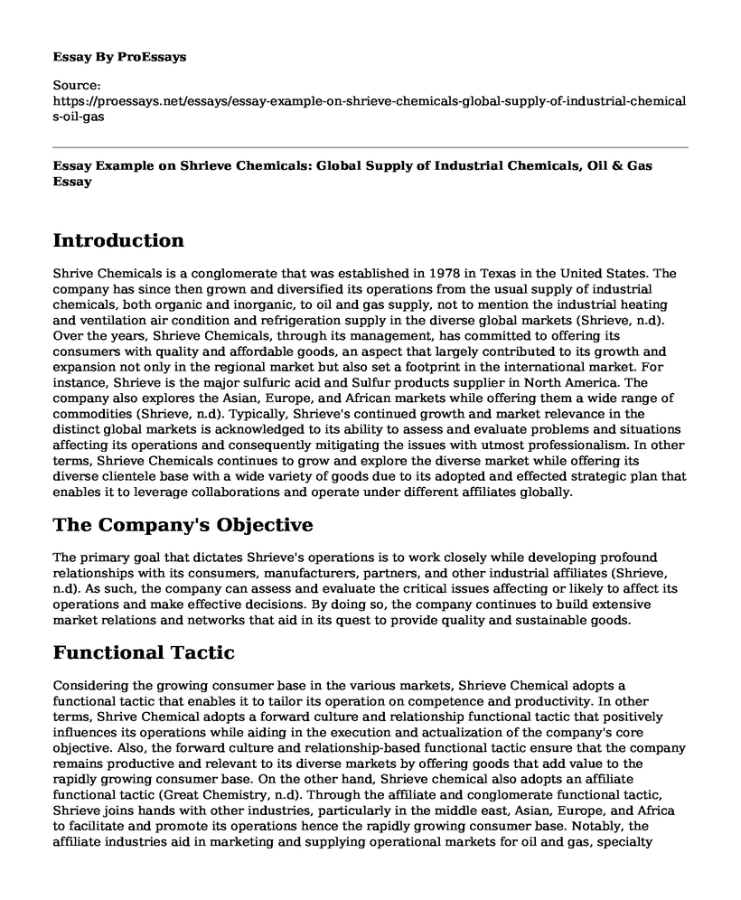 Essay Example on Shrieve Chemicals: Global Supply of Industrial Chemicals, Oil & Gas