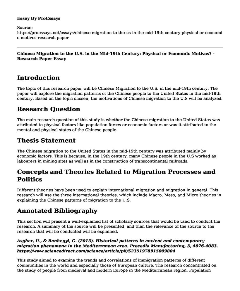 Chinese Migration to the U.S. in the Mid-19th Century: Physical or Economic Motives? - Research Paper