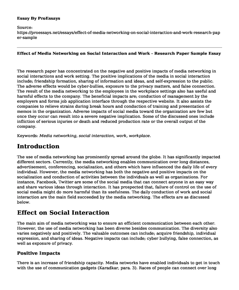 Effect of Media Networking on Social Interaction and Work - Research Paper Sample