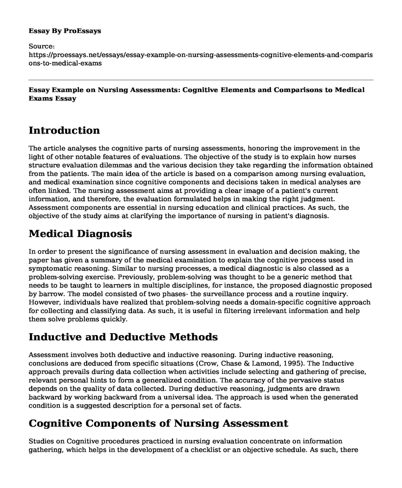 Essay Example on Nursing Assessments: Cognitive Elements and Comparisons to Medical Exams