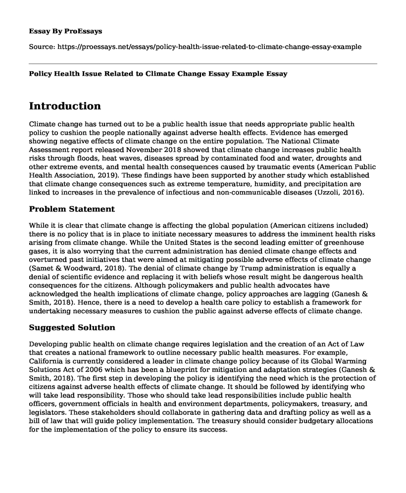 Policy Health Issue Related to Climate Change Essay Example