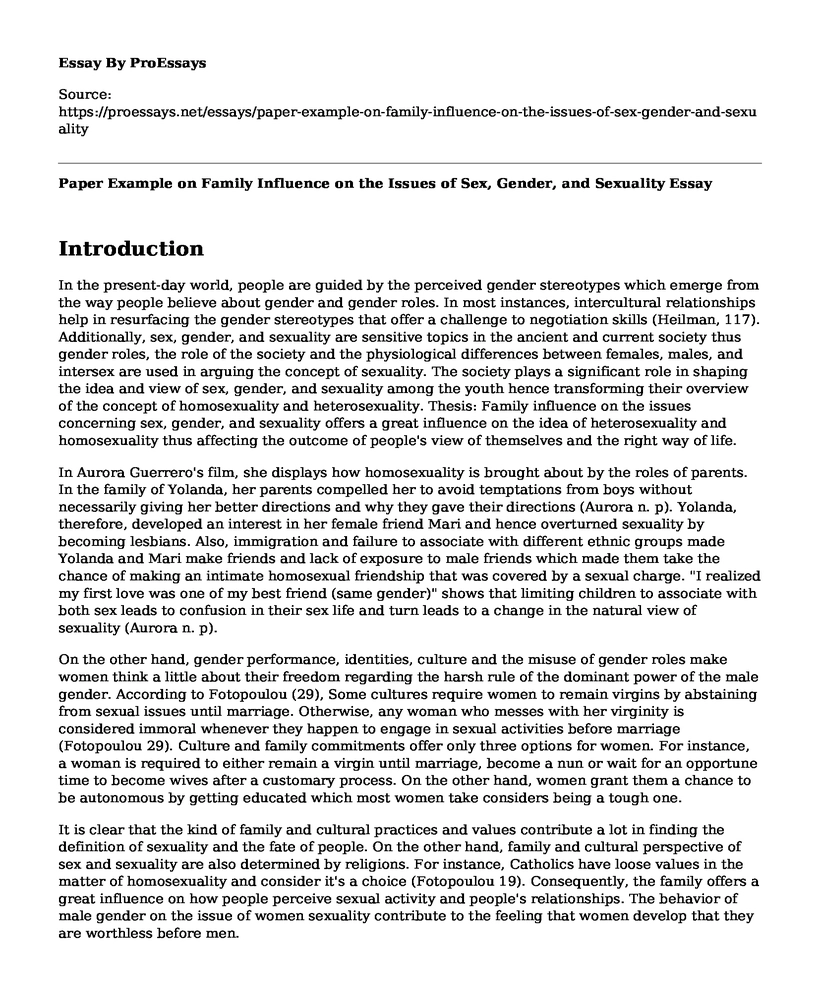 Paper Example on Family Influence on the Issues of Sex, Gender, and Sexuality