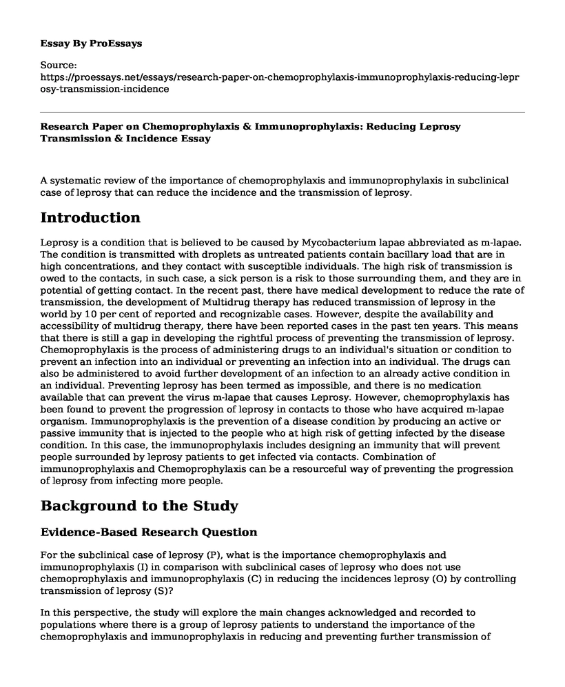 Research Paper on Chemoprophylaxis & Immunoprophylaxis: Reducing Leprosy Transmission & Incidence