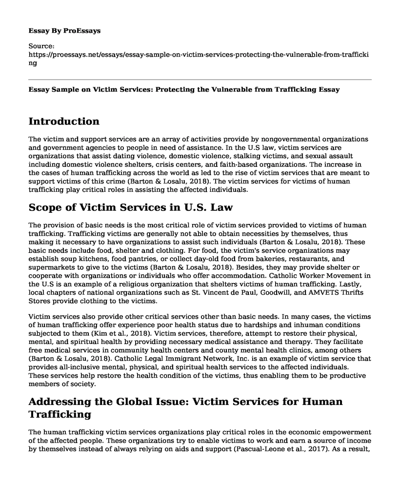 Essay Sample on Victim Services: Protecting the Vulnerable from Trafficking