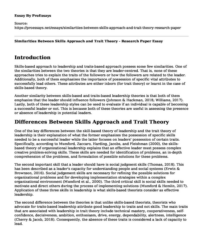 Similarities Between Skills Approach and Trait Theory - Research Paper