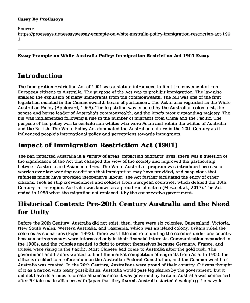 Essay Example on White Australia Policy: Immigration Restriction Act 1901