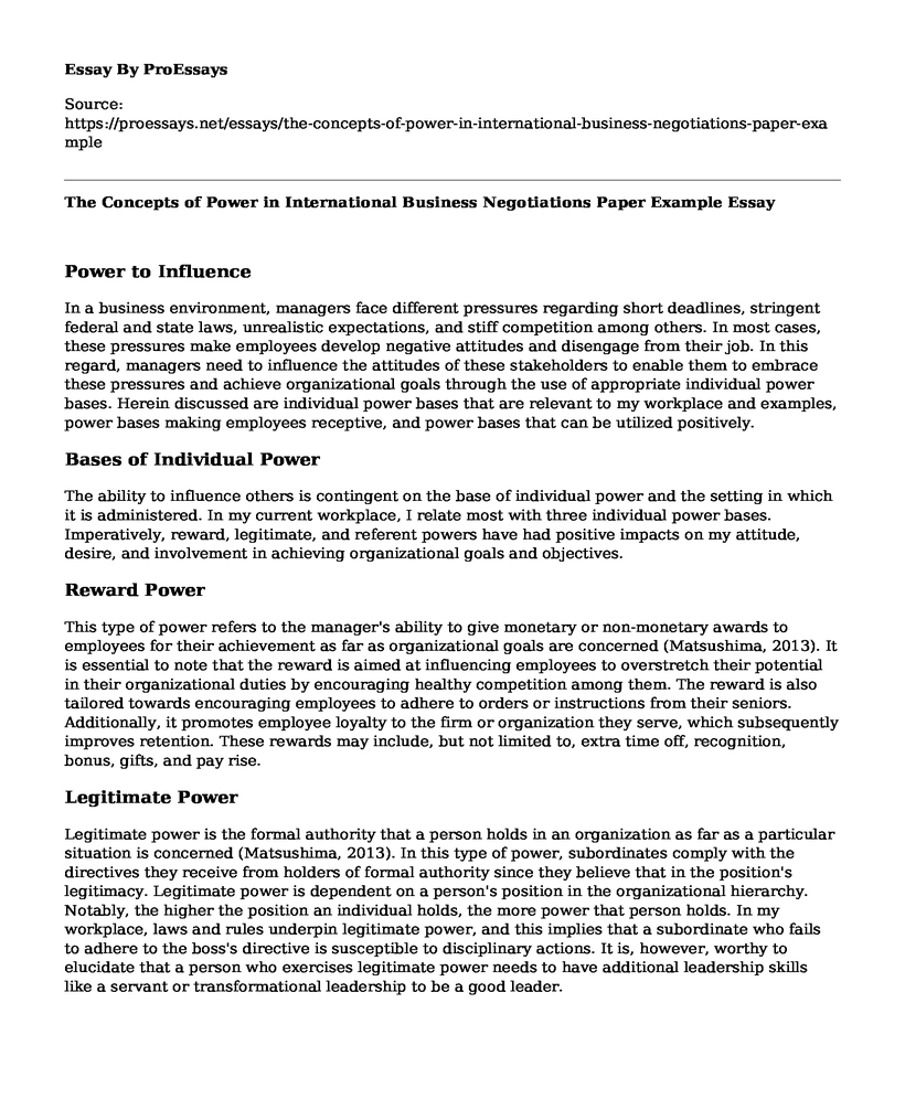 The Concepts of Power in International Business Negotiations Paper Example