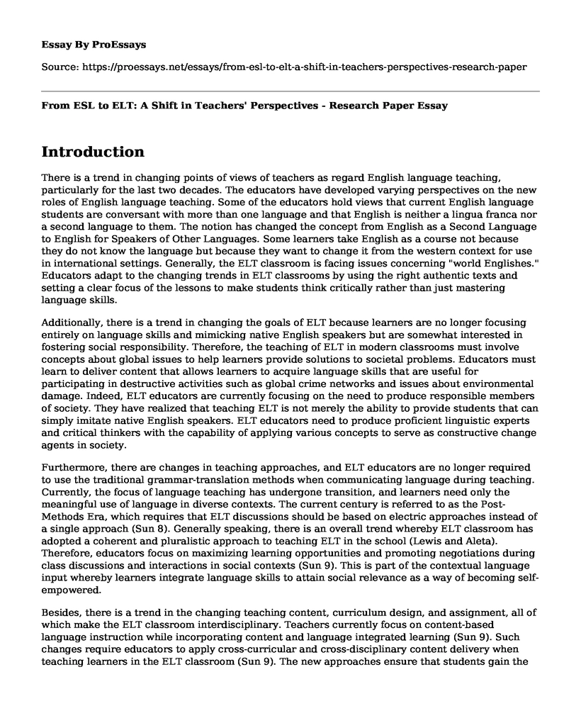 From ESL to ELT: A Shift in Teachers' Perspectives - Research Paper