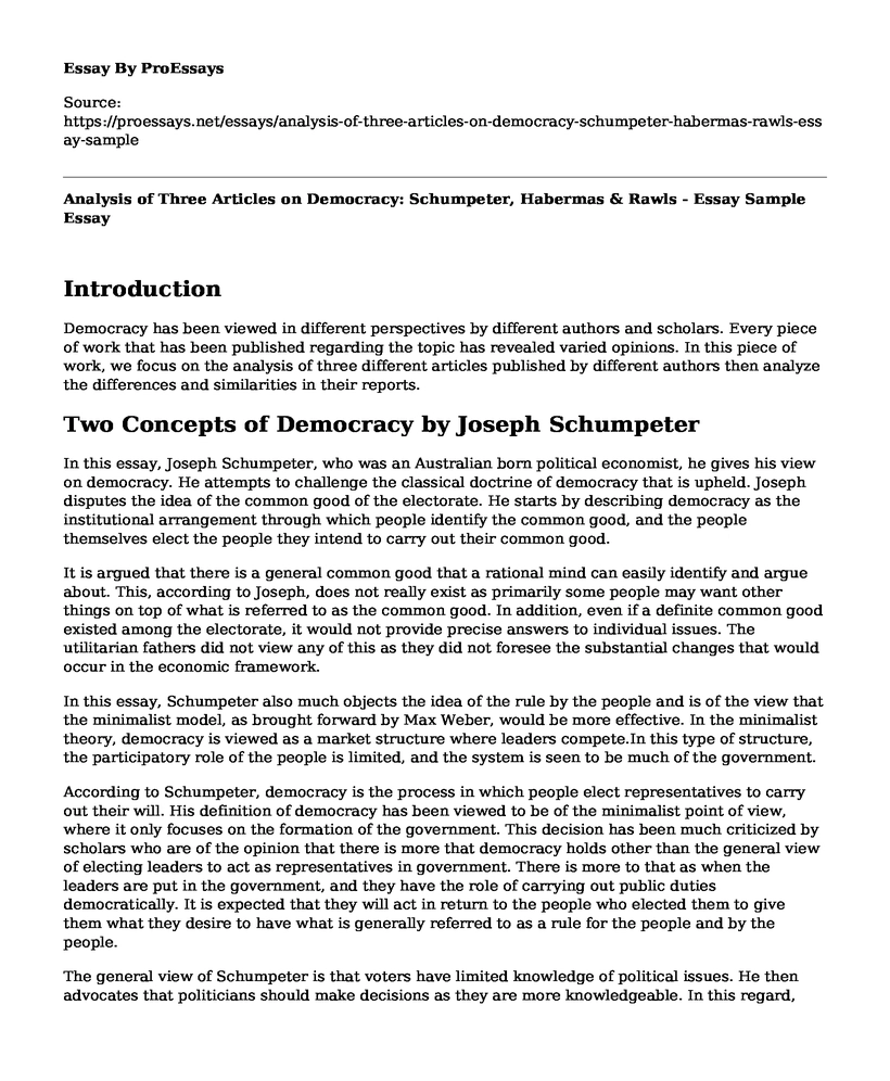 Analysis of Three Articles on Democracy: Schumpeter, Habermas & Rawls - Essay Sample
