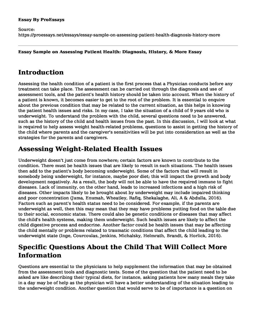 Essay Sample on Assessing Patient Health: Diagnosis, History, & More
