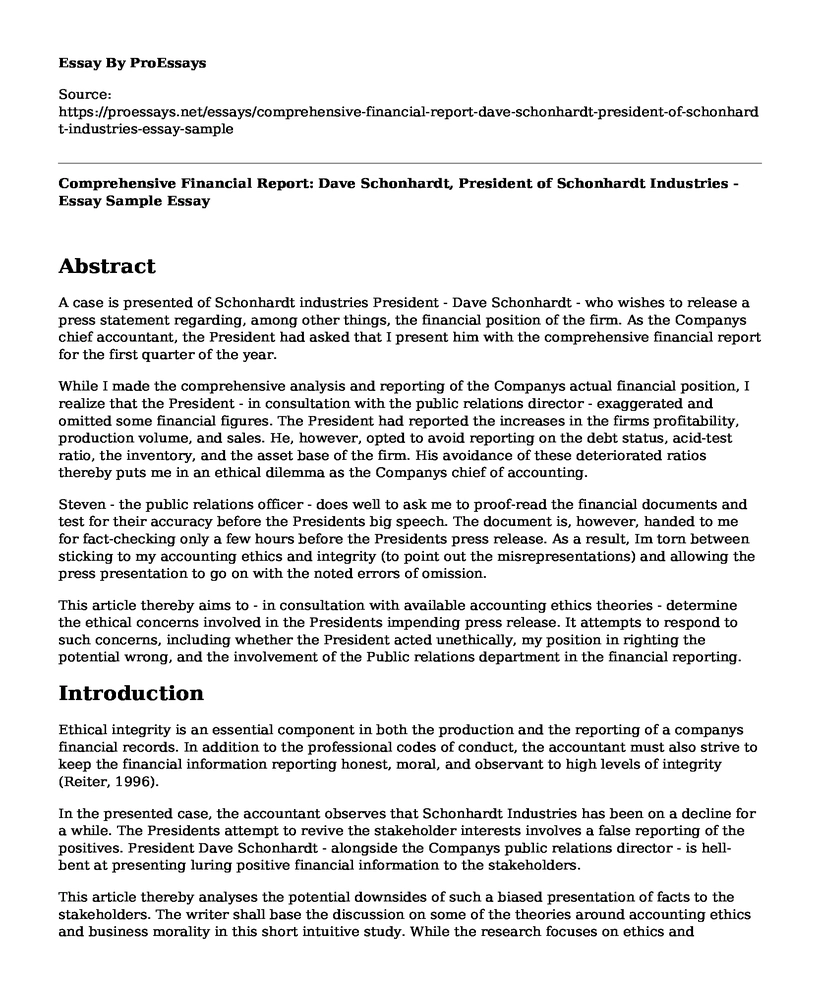 Comprehensive Financial Report: Dave Schonhardt, President of Schonhardt Industries - Essay Sample