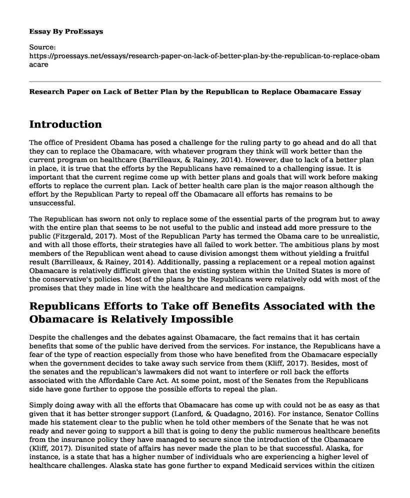 Research Paper on Lack of Better Plan by the Republican to Replace Obamacare