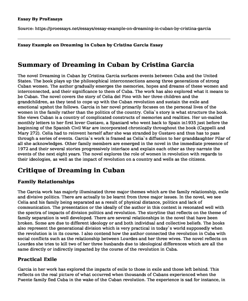 Essay Example on Dreaming in Cuban by Cristina Garcia