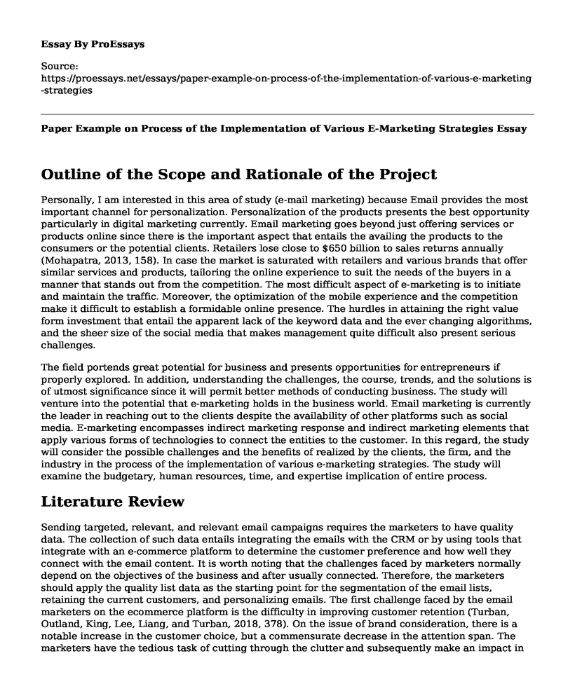 Paper Example on Process of the Implementation of Various E-Marketing Strategies