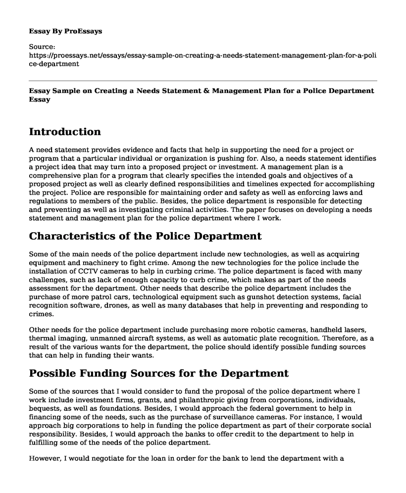 Essay Sample on Creating a Needs Statement & Management Plan for a Police Department