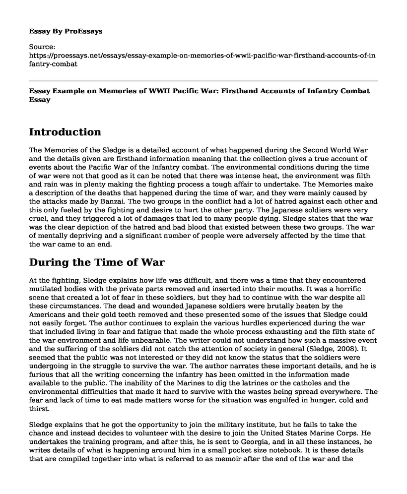 Essay Example on Memories of WWII Pacific War: Firsthand Accounts of Infantry Combat