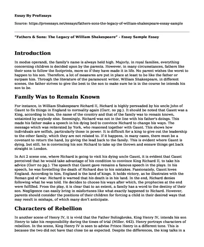 "Fathers & Sons: The Legacy of William Shakespeare" - Essay Sample