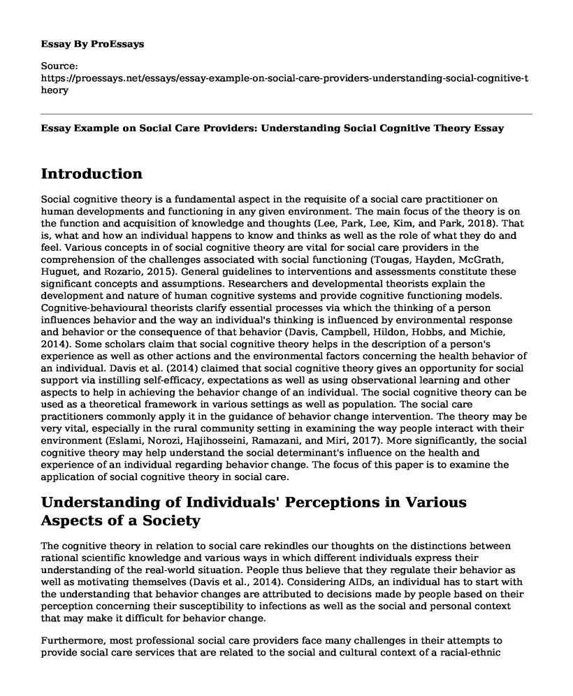 Essay Example on Social Care Providers: Understanding Social Cognitive Theory