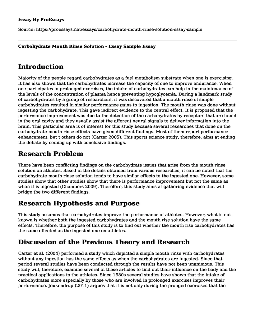 Carbohydrate Mouth Rinse Solution - Essay Sample