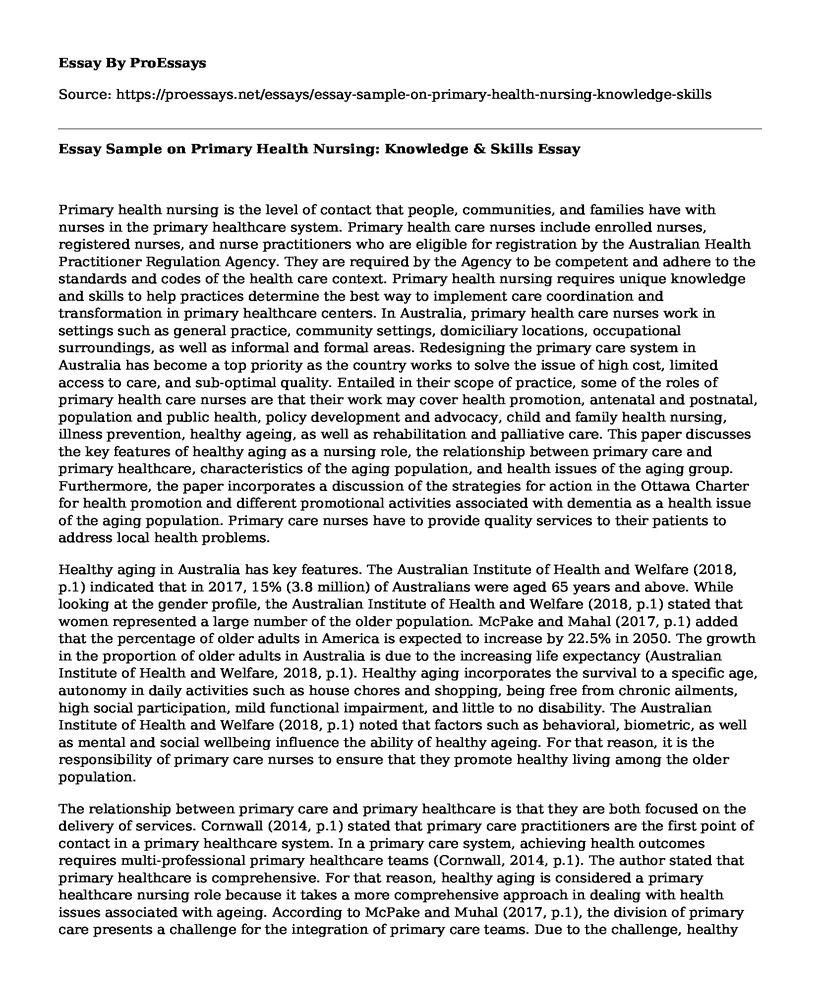 Essay Sample on Primary Health Nursing: Knowledge & Skills
