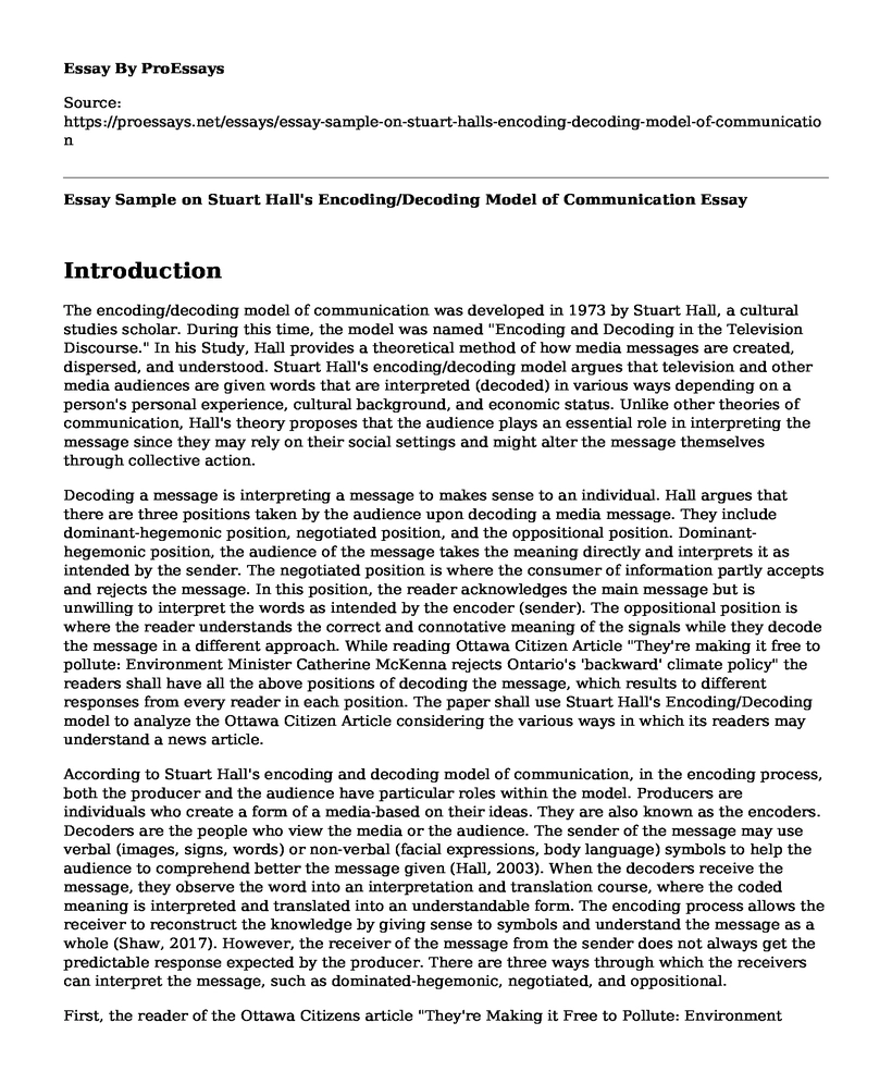 Essay Sample on Stuart Hall's Encoding/Decoding Model of Communication