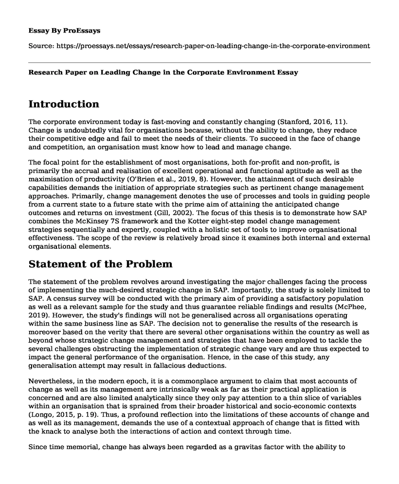 Research Paper on Leading Change in the Corporate Environment