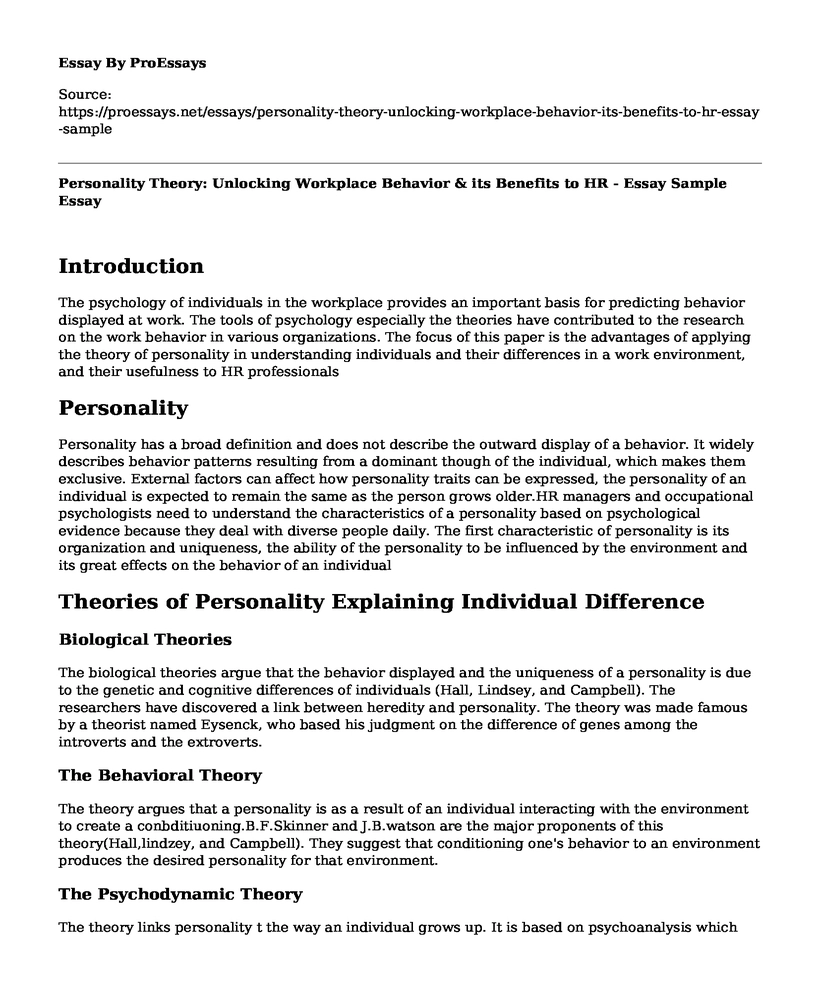Personality Theory: Unlocking Workplace Behavior & its Benefits to HR - Essay Sample